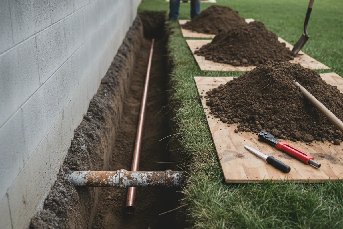 Excavated water line trench during Water Softener Installation in Pemberton